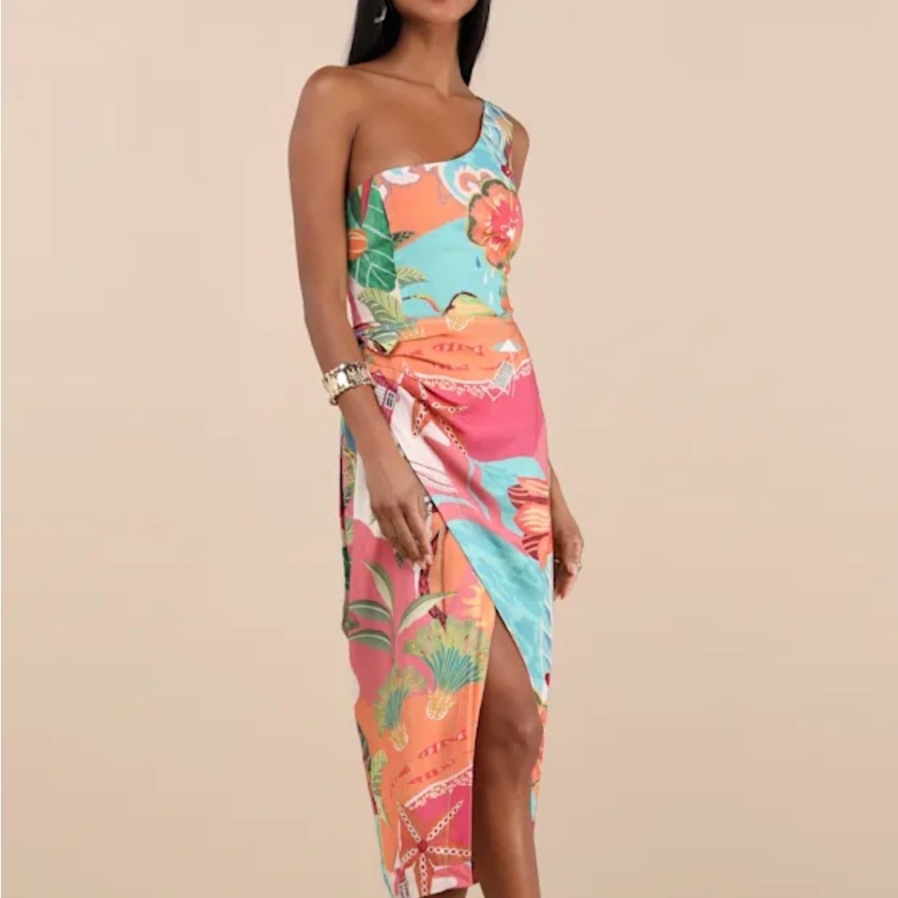 Lulu's Vibrant Floral One-Shoulder Midi Dress tropical vacation beach medium